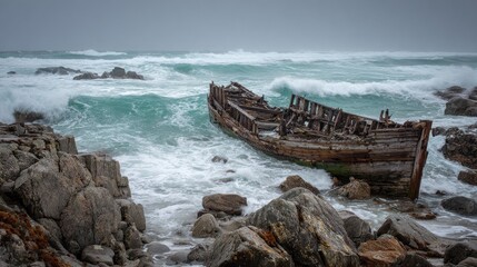 Naklejka premium Old boat wreckage on rocky shore