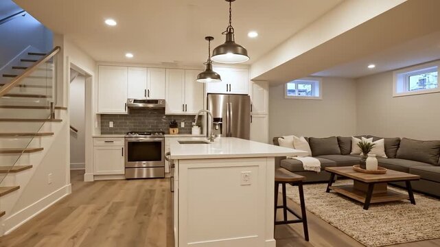 Well Lit Open Concept Basement with White Kitchen and a Staircase