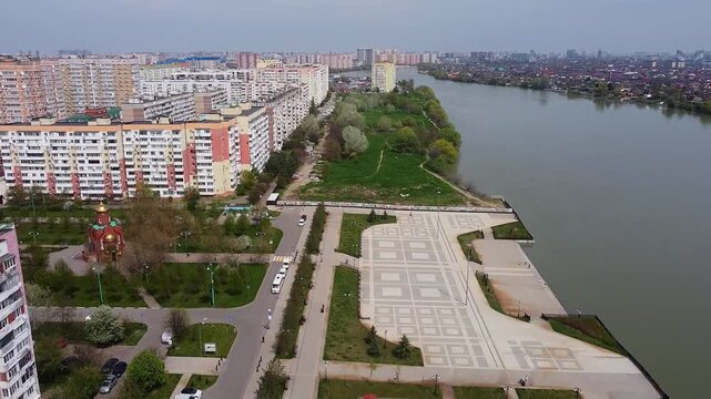 Aerial view of krasnodar residential area and kuban river embankment