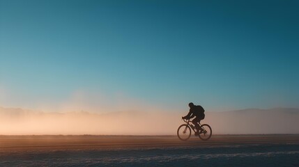 Fototapeta premium Bicyclist on the Horizon: Silhouette of a bicyclist cycling against a backdrop of the dawn's first light. Embracing solitude on a scenic journey, evoking a sense of adventure and peace.