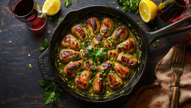 Top-Down Flat Lay Argentine Grilled Kidneys - Ri&ntilde;ones a la Provenzal - Traditional Parrilla Achuras - Deep Focus Food Photography
