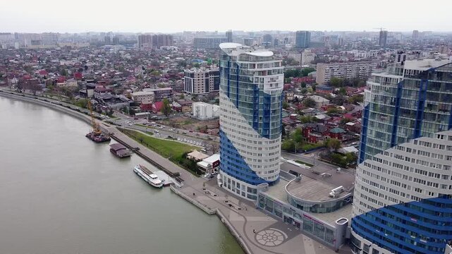 Aerial view of modern high-rise residential buildings on the embankment in Krasnodar, Russia