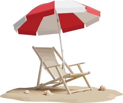 Beach Chair Under Red White Umbrella on Sandy Beach