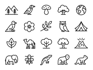 Diverse vector set of nature icons featuring animals, plants, and environmental elements © Betto