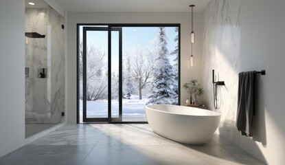 Fototapeta premium Modern bathroom with freestanding white oval bathtub and large floor-to-ceiling window overlooking snowy landscape