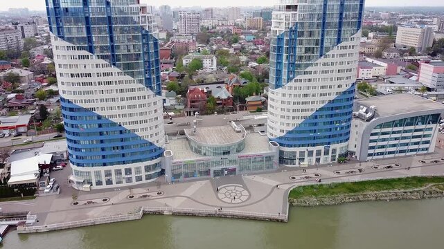 Aerial view of the modern Admiral residential complex building in Krasnodar