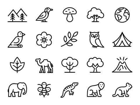 Diverse vector set of nature icons featuring animals, plants, and environmental elements