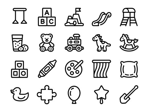 Vector of a variety of children's toys including blocks, a slide and playful animals