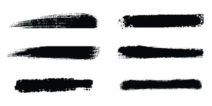Black grunge brush stroke set. Dry ink paint lines and textured underline dividers. Artistic vector accent pack.