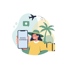 Fototapeta premium Woman holding smartphone with travel booking.
