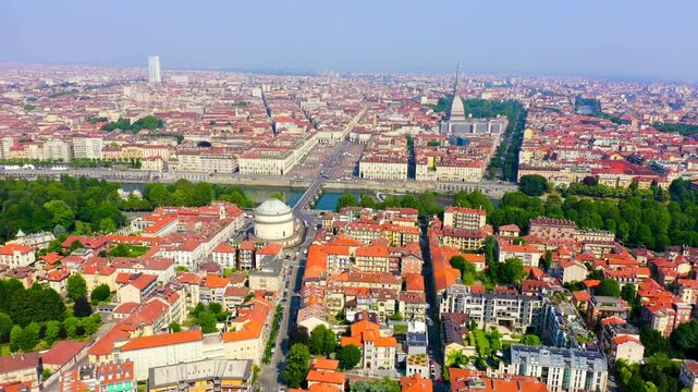 Turin, Italy. Flight over the city. Catholic Parish Church Gran Madre Di Dio. Drone footage, Point of interest
