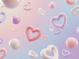 Pastel hearts and orbs floating in a soft, dreamy valentine background