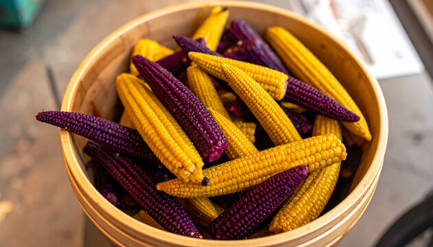 Overhead view of a wooden bowl filled with purple and yellow corn cobs maize purple corn