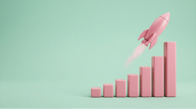 A pink model of a rocket coming out of a stack of pink blocks.