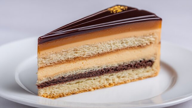 Delicious slice of layered cake with chocolate and caramel topping on a white plate