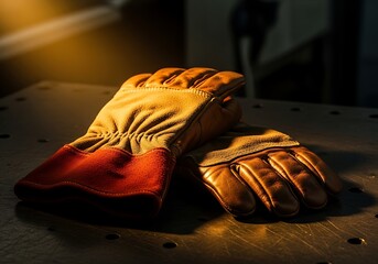 Worn leather work gloves on metal surface