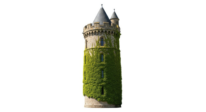 A tall, ancient stone tower covered in green ivy with two pointed turrets