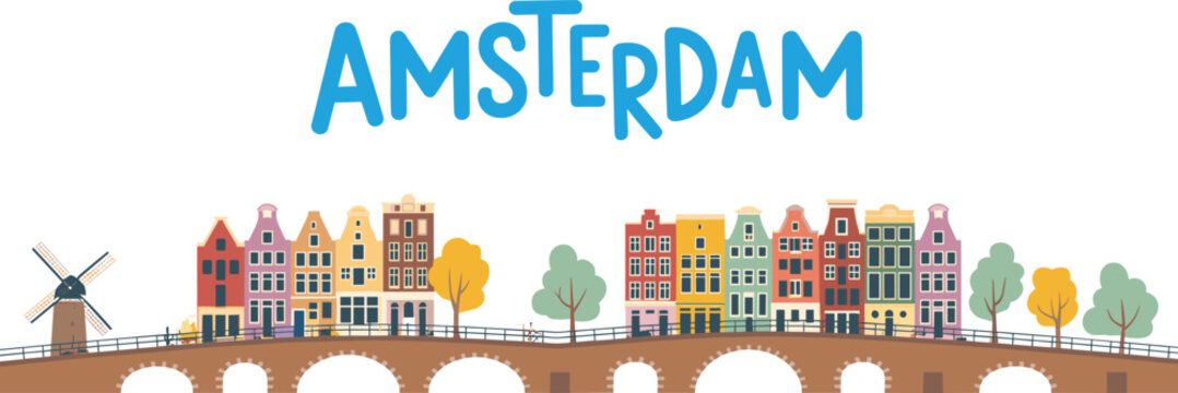 Amsterdam city skyline flat design illustration with canal houses bridge and windmill