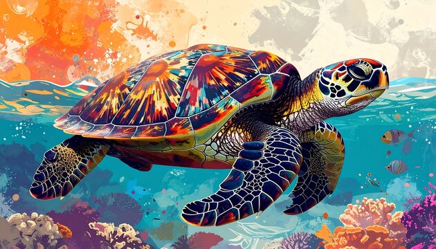 A vibrant, colorful digital painting of a sea turtle swimming over coral. The turtle's shell is decorated with vivid hues