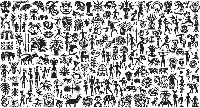 Black and white illustration of various ancient symbols icons