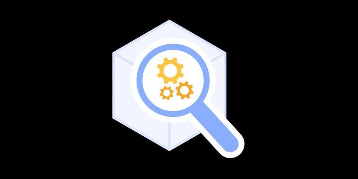 Animated glass cube featuring an internal spinning gear positioned over a magnifying glass. 2D flat vector motion illustrating AI explainability, black box transparency, and technical data analysis.
