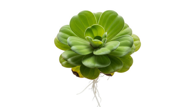 A single Pistia stratiotes plant with its roots visible against a white backdrop.