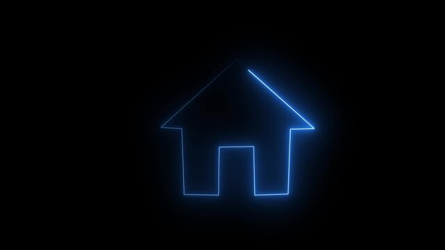 Glowing neon home button. Home location marker symbol. Dynamic abstract neon light blue house icon on black background.