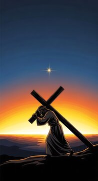 Jesus Christ carrying cross silhouette sunset.