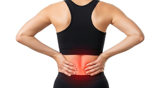 A woman in a black sports bra with her hands on her lower back, highlighting an area of red glow indicating pain or discomfort, set against a clean white background for a clear visual focus.