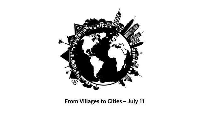 Black and white illustration of global urbanization featuring world map and city skylines.