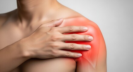 Fototapeta premium A person is shown with their hand on their shoulder, highlighting a red area indicating pain or inflammation, illustrating a common health issue.