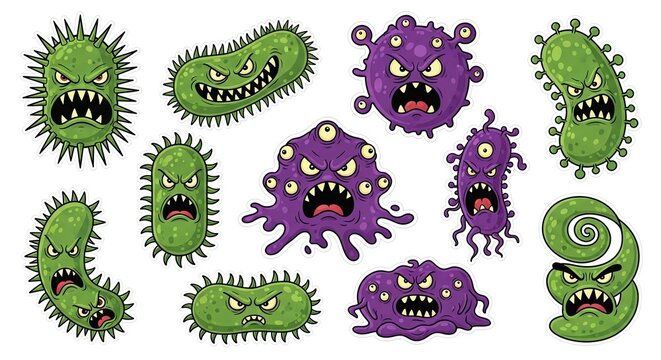 Dynamic vector cartoon collection of menacing bacteria and virus characters, featuring a variety of angry monster germs and harmful pathogens
