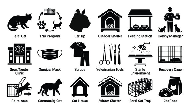 Diverse icons showcasing feral cat management, TrapNeuterReturn process, and community cat welfare elements, perfect for animal advocacy presentations and educational outreach materials.