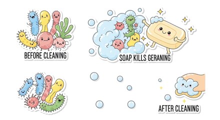 Naklejka premium Adorable cartoon germs illustrate the power of soap in eliminating bacteria and promoting cleanliness. Educational infographic on hygiene and health awareness