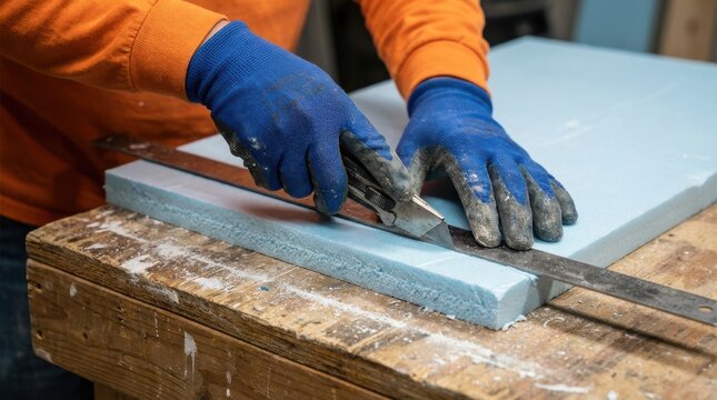 Construction worker cutting blue foam insulation board with utility knife