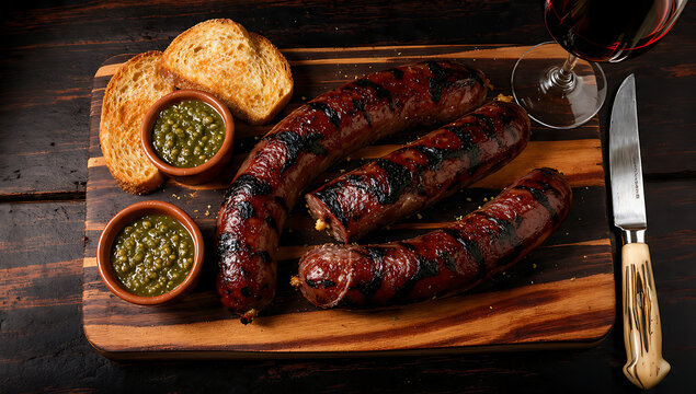 Top-Down Flat Lay Argentine Grilled Morcilla - Blood Sausage on Wood Board - Traditional Asado Achuras - Deep Focus Food Photography
