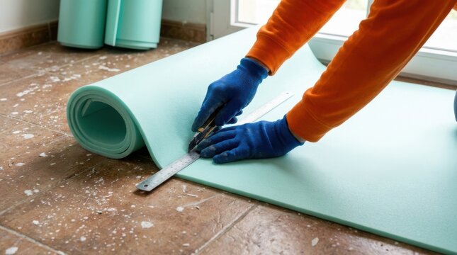 Worker cutting green foam insulation sheet with utility knife and ruler