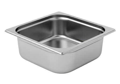 Shiny stainless steel food pan, square container for catering or restaurant use, isolated on transparent.