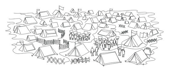 Naklejka premium Large outdoor gathering with many tents and groups of people protesting with signs, suitable for concepts of social movements, refugee camps, or protest documentation.