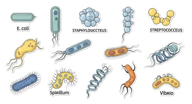 Collection of diverse bacteria species with labels E. coli, Staphylococcus, Streptococcus, Spirillum, and Vibrio, illustrated in a scientific context