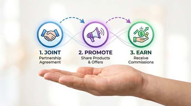Affiliate Marketing Program Steps - Joint, Promote, Earn.