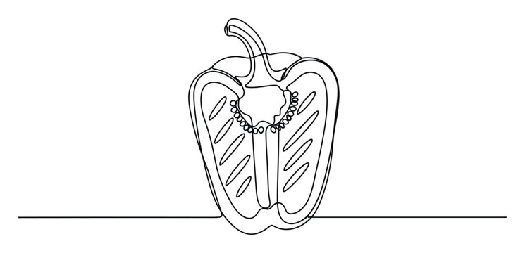 Elegant continuous contour line depiction of a ripe capsicum fruit cut lengthwise showcasing its core and seeds suitable for culinary or vegetable concepts