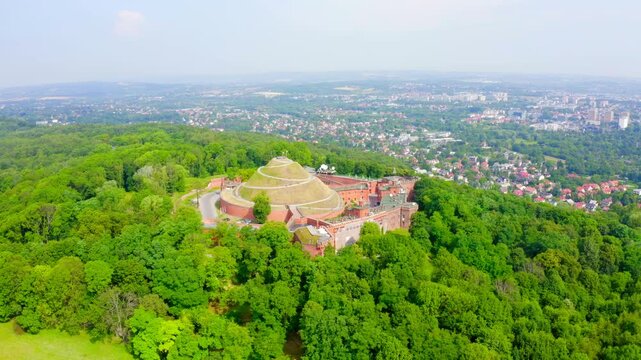 Krakow, Poland. Barrow Kosciuszko (Krakow). Historical monument. The construction of the mound was completed in 1823. Drone footage, Point of interest