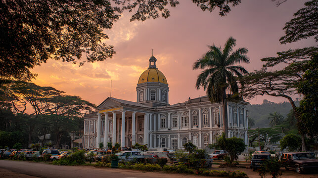 View of the Capitol building in Monrovia, Liberia. Background illustration of historical sites in Liberia.