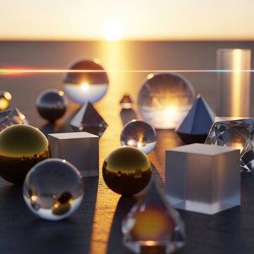 Geometric Shapes Reflecting Light in a Surreal Scene.