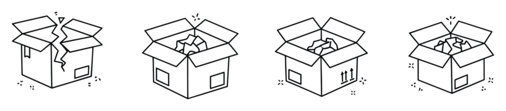Collection of line art box icons depicting packaging, shipping, storage, and potential damage for logistics and ecommerce applications