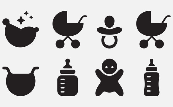  collection of baby icons including bathtub, stroller, pacifier, and bottle isolated on transparent background