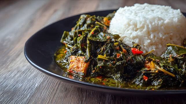 Sauce Feuilles, a Guinean dish made from cassava leaves. Illustration of food background in Guinea.