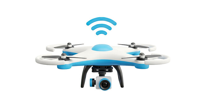 White and Blue Drone with Camera and Wi-Fi Symbol