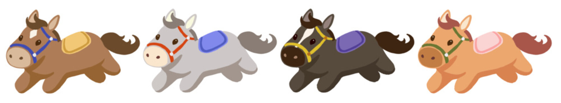 Cute horse vector illustration set, simple hand drawn racehorses